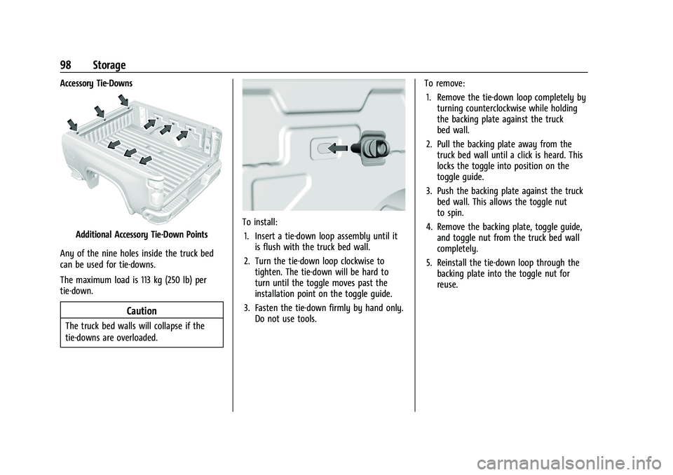 CHEVROLET SILVERADO 1500 2022  Owners Manual Chevrolet Silverado 1500 Owner Manual (GMNA-Localizing-U.S./Canada/
Mexico/Paraguay-14632303) - 2021 - CRC - 11/9/20
98 Storage
Accessory Tie-Downs
Additional Accessory Tie-Down Points
Any of the nine