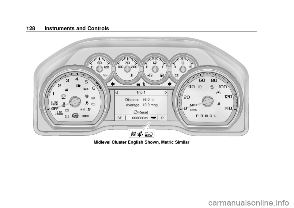 CHEVROLET SILVERADO 1500 2020 Owners Manual Chevrolet Silverado Owner Manual (GMNA-Localizing-U.S./Canada/Mexico-
13337620) - 2020 - CRC - 4/2/19
128 Instruments and Controls
Midlevel Cluster English Shown, Metric Similar CHEVROLET SILVERADO 1500 2020 Owners Manual Chevrolet Silverado Owner Manual (GMNA-Localizing-U.S./Canada/Mexico-
13337620) - 2020 - CRC - 4/2/19
128 Instruments and Controls
Midlevel Cluster English Shown, Metric Similar