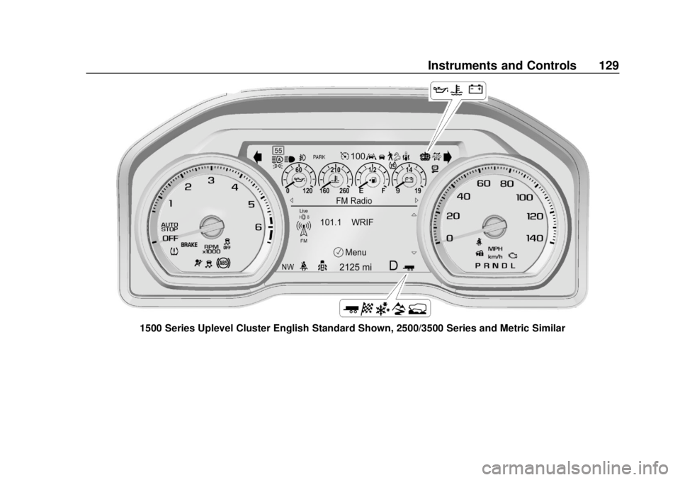 CHEVROLET SILVERADO 1500 2020 Owners Manual Chevrolet Silverado Owner Manual (GMNA-Localizing-U.S./Canada/Mexico-
13337620) - 2020 - CRC - 4/2/19
Instruments and Controls 129
1500 Series Uplevel Cluster English Standard Shown, 2500/3500 Series CHEVROLET SILVERADO 1500 2020 Owners Manual Chevrolet Silverado Owner Manual (GMNA-Localizing-U.S./Canada/Mexico-
13337620) - 2020 - CRC - 4/2/19
Instruments and Controls 129
1500 Series Uplevel Cluster English Standard Shown, 2500/3500 Series