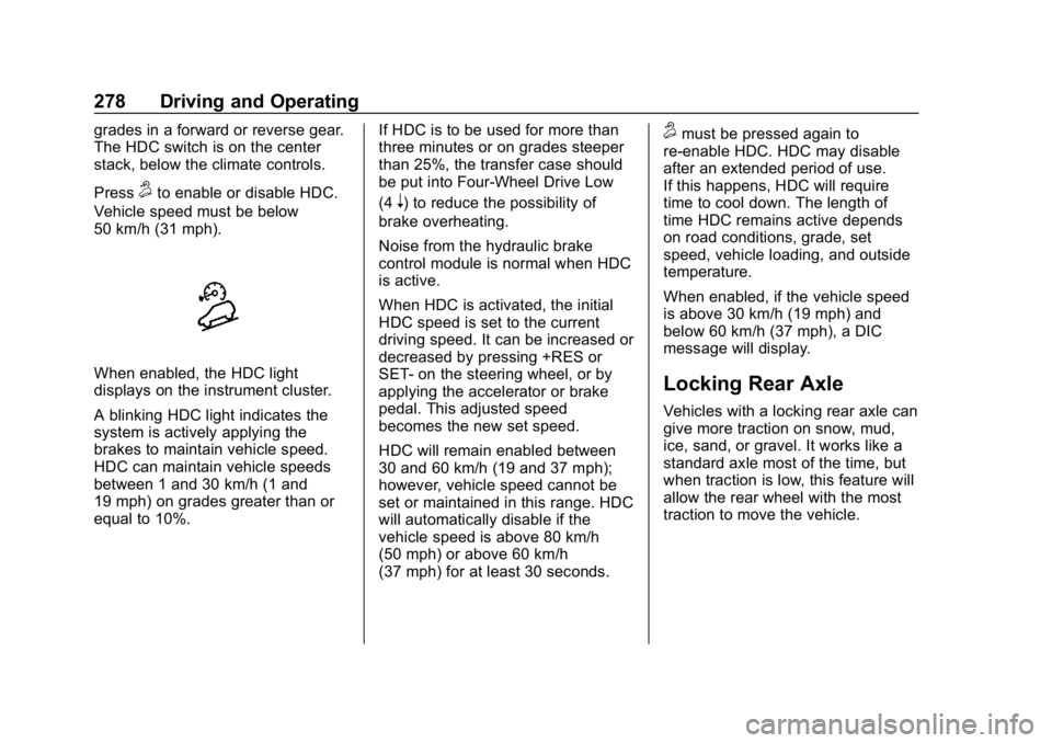 CHEVROLET SILVERADO 1500 2018 Owners Manual Chevrolet Silverado Owner Manual (GMNA-Localizing-U.S./Canada/Mexico-
11349200) - 2018 - CRC - 2/27/18
278 Driving and Operating
grades in a forward or reverse gear.
The HDC switch is on the center
st CHEVROLET SILVERADO 1500 2018 Owners Manual Chevrolet Silverado Owner Manual (GMNA-Localizing-U.S./Canada/Mexico-
11349200) - 2018 - CRC - 2/27/18
278 Driving and Operating
grades in a forward or reverse gear.
The HDC switch is on the center
st