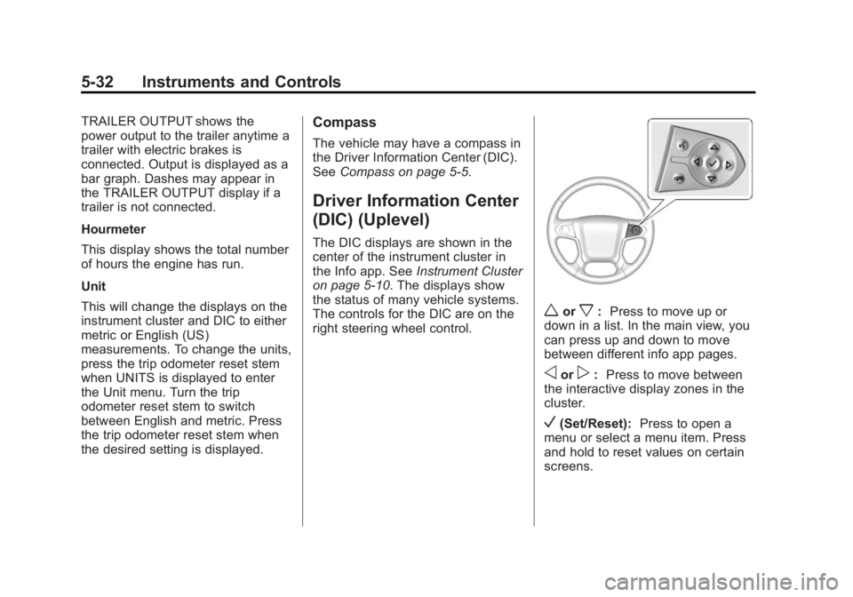 CHEVROLET SILVERADO 1500 2015  Owners Manual Black plate (32,1)Chevrolet 2015i Silverado Owner Manual (GMNA-Localizing-U.S./Canada/
Mexico-8425172) - 2015 - CRC - 6/20/14
5-32 Instruments and Controls
TRAILER OUTPUT shows the
power output to the