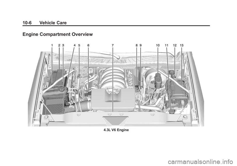 CHEVROLET SILVERADO 1500 2015 Owners Manual Black plate (6,1)Chevrolet 2015i Silverado Owner Manual (GMNA-Localizing-U.S./Canada/
Mexico-8425172) - 2015 - CRC - 6/20/14
10-6 Vehicle Care
Engine Compartment Overview
4.3L V6 Engine CHEVROLET SILVERADO 1500 2015 Owners Manual Black plate (6,1)Chevrolet 2015i Silverado Owner Manual (GMNA-Localizing-U.S./Canada/
Mexico-8425172) - 2015 - CRC - 6/20/14
10-6 Vehicle Care
Engine Compartment Overview
4.3L V6 Engine