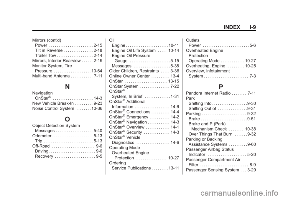 CHEVROLET SILVERADO 1500 2015 Owners Manual Black plate (9,1)Chevrolet 2015i Silverado Owner Manual (GMNA-Localizing-U.S./Canada/
Mexico-8425172) - 2015 - CRC - 6/20/14
INDEX i-9
Mirrors (cont'd)Power . . . . . . . . . . . . . . . . . . . . CHEVROLET SILVERADO 1500 2015 Owners Manual Black plate (9,1)Chevrolet 2015i Silverado Owner Manual (GMNA-Localizing-U.S./Canada/
Mexico-8425172) - 2015 - CRC - 6/20/14
INDEX i-9
Mirrors (cont'd)Power . . . . . . . . . . . . . . . . . . . .