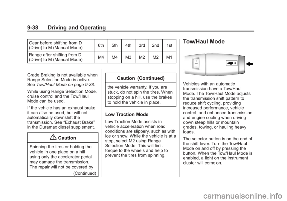 CHEVROLET SILVERADO 1500 2014 Owners Manual Black plate (38,1)Chevrolet Silverado Owner Manual (GMNA-Localizing-U.S./Canada/Mexico-
5853506) - 2014 - CRC 3rd Edition - 8/28/13
9-38 Driving and Operating
Gear before shifting from D
(Drive) to M CHEVROLET SILVERADO 1500 2014 Owners Manual Black plate (38,1)Chevrolet Silverado Owner Manual (GMNA-Localizing-U.S./Canada/Mexico-
5853506) - 2014 - CRC 3rd Edition - 8/28/13
9-38 Driving and Operating
Gear before shifting from D
(Drive) to M