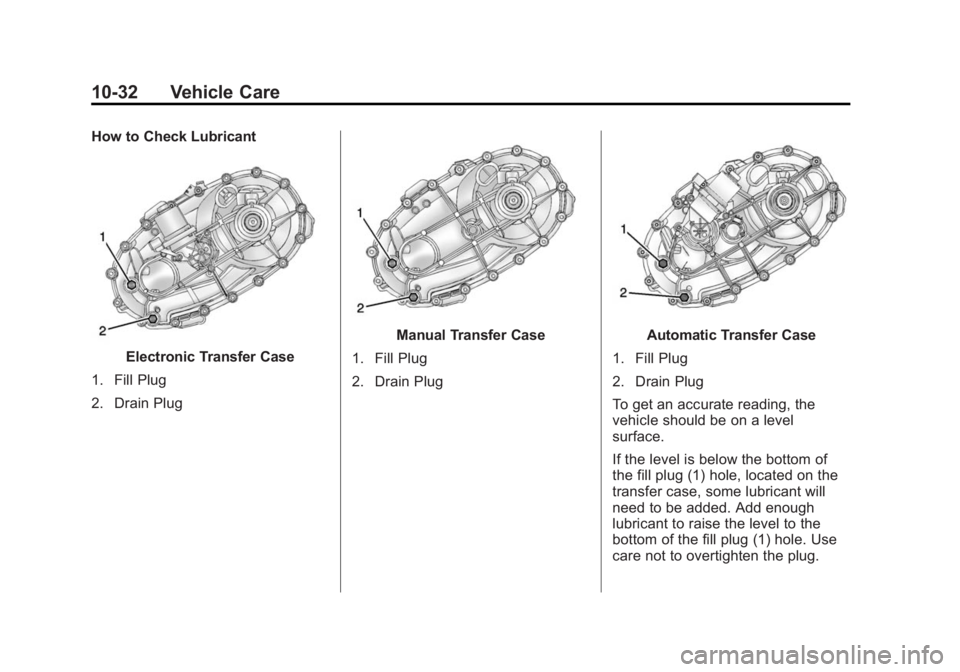 CHEVROLET SILVERADO 1500 2014  Owners Manual Black plate (32,1)Chevrolet Silverado Owner Manual (GMNA-Localizing-U.S./Canada/Mexico-
5853506) - 2014 - CRC 3rd Edition - 8/29/13
10-32 Vehicle Care
How to Check Lubricant
Electronic Transfer Case
1
