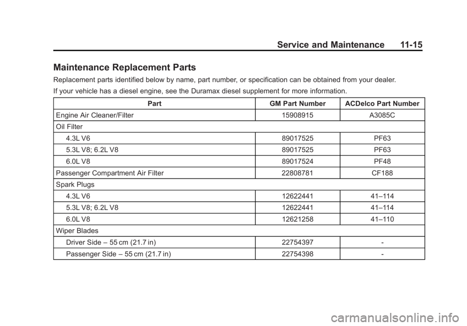 CHEVROLET SILVERADO 1500 2014  Owners Manual Black plate (15,1)Chevrolet Silverado Owner Manual (GMNA-Localizing-U.S./Canada/Mexico-
5853506) - 2014 - CRC 3rd Edition - 8/28/13
Service and Maintenance 11-15
Maintenance Replacement Parts
Replacem
