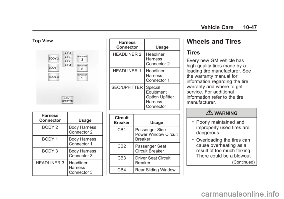 CHEVROLET SILVERADO 1500 2013 Owners Manual Black plate (47,1)Chevrolet Silverado Owner Manual - 2013 - crc2 - 8/13/12
Vehicle Care 10-47
Top View
Harness
Connector Usage
BODY 2 Body Harness Connector 2
BODY 1 Body Harness Connector 1
BODY 3 Bo CHEVROLET SILVERADO 1500 2013 Owners Manual Black plate (47,1)Chevrolet Silverado Owner Manual - 2013 - crc2 - 8/13/12
Vehicle Care 10-47
Top View
Harness
Connector Usage
BODY 2 Body Harness Connector 2
BODY 1 Body Harness Connector 1
BODY 3 Bo