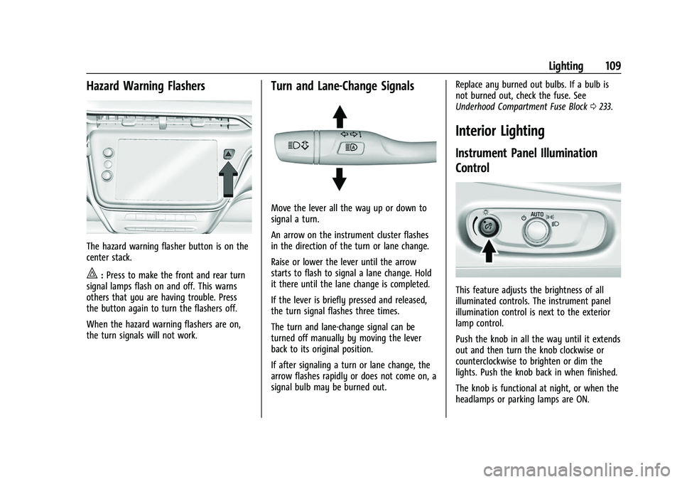 CHEVROLET BOLT EV 2022 Owners Manual Chevrolet BOLT EV Owner Manual (GMNA-Localizing-U.S./Canada-
15082216) - 2022 - CRC - 6/25/21
Lighting 109
Hazard Warning Flashers
The hazard warning flasher button is on the
center stack.
|:Press to CHEVROLET BOLT EV 2022 Owners Manual Chevrolet BOLT EV Owner Manual (GMNA-Localizing-U.S./Canada-
15082216) - 2022 - CRC - 6/25/21
Lighting 109
Hazard Warning Flashers
The hazard warning flasher button is on the
center stack.
|:Press to