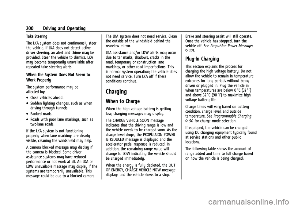 CHEVROLET BOLT EV 2022 Owners Manual Chevrolet BOLT EV Owner Manual (GMNA-Localizing-U.S./Canada-
15082216) - 2022 - CRC - 6/25/21
200 Driving and Operating
Take Steering
The LKA system does not continuously steer
the vehicle. If LKA doe CHEVROLET BOLT EV 2022 Owners Manual Chevrolet BOLT EV Owner Manual (GMNA-Localizing-U.S./Canada-
15082216) - 2022 - CRC - 6/25/21
200 Driving and Operating
Take Steering
The LKA system does not continuously steer
the vehicle. If LKA doe