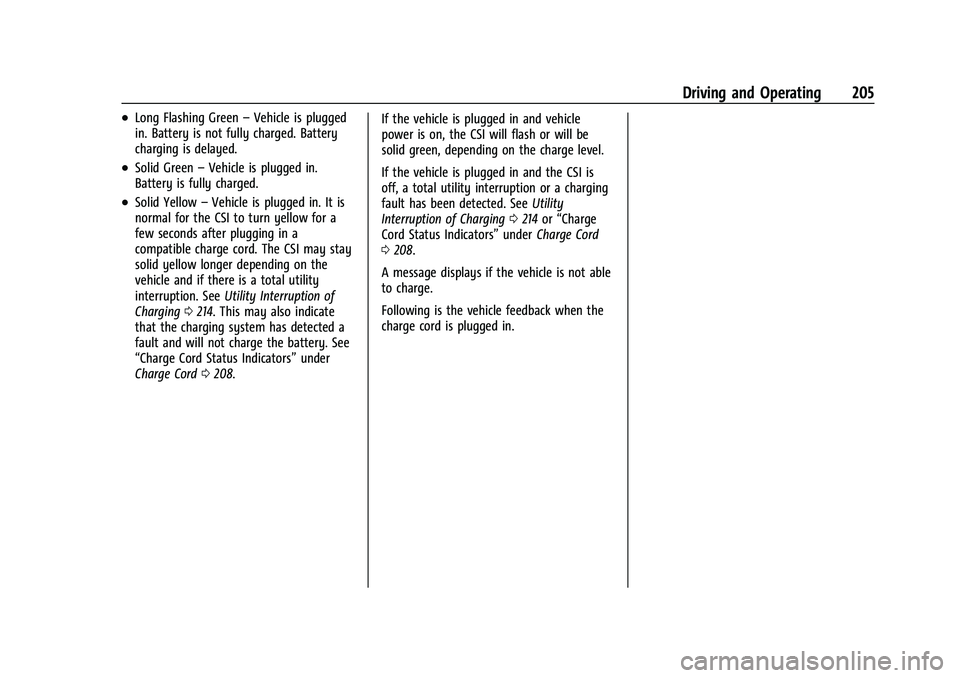 CHEVROLET BOLT EV 2022 Owners Manual Chevrolet BOLT EV Owner Manual (GMNA-Localizing-U.S./Canada-
15082216) - 2022 - CRC - 6/25/21
Driving and Operating 205
.Long Flashing Green–Vehicle is plugged
in. Battery is not fully charged. Batt CHEVROLET BOLT EV 2022 Owners Manual Chevrolet BOLT EV Owner Manual (GMNA-Localizing-U.S./Canada-
15082216) - 2022 - CRC - 6/25/21
Driving and Operating 205
.Long Flashing Green–Vehicle is plugged
in. Battery is not fully charged. Batt