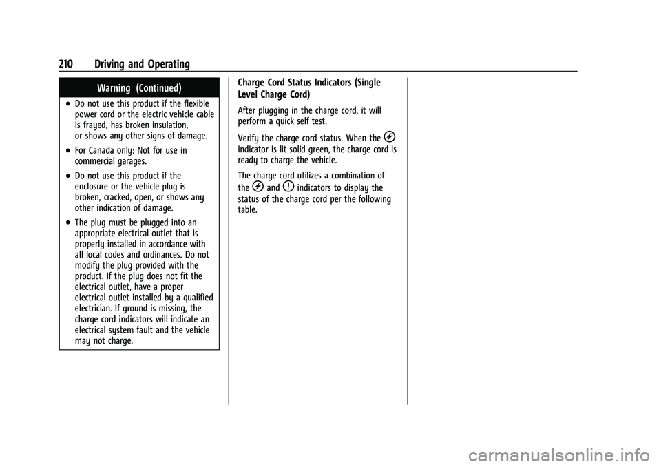 CHEVROLET BOLT EV 2022  Owners Manual Chevrolet BOLT EV Owner Manual (GMNA-Localizing-U.S./Canada-
15082216) - 2022 - CRC - 6/25/21
210 Driving and Operating
Warning (Continued)
.Do not use this product if the flexible
power cord or the e