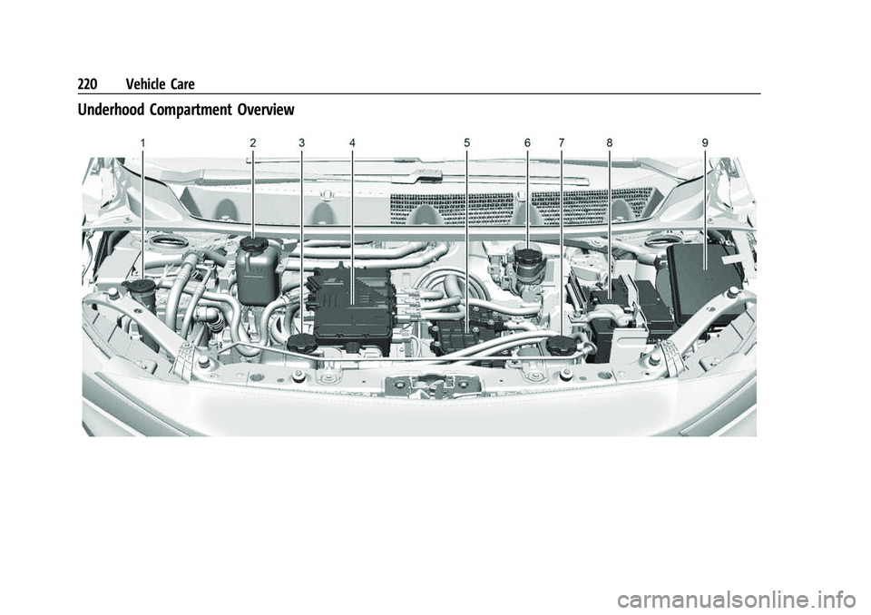 CHEVROLET BOLT EV 2022  Owners Manual Chevrolet BOLT EV Owner Manual (GMNA-Localizing-U.S./Canada-
15082216) - 2022 - CRC - 6/25/21
220 Vehicle Care
Underhood Compartment Overview 