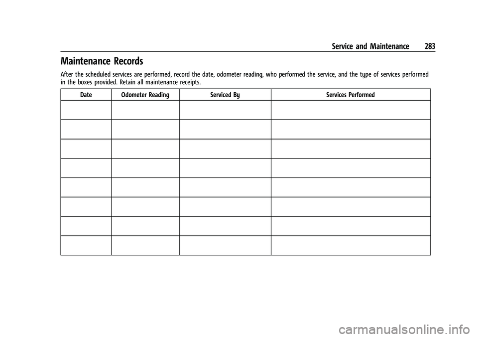 CHEVROLET BOLT EV 2022 Owners Manual Chevrolet BOLT EV Owner Manual (GMNA-Localizing-U.S./Canada-
15082216) - 2022 - CRC - 6/25/21
Service and Maintenance 283
Maintenance Records
After the scheduled services are performed, record the dat CHEVROLET BOLT EV 2022 Owners Manual Chevrolet BOLT EV Owner Manual (GMNA-Localizing-U.S./Canada-
15082216) - 2022 - CRC - 6/25/21
Service and Maintenance 283
Maintenance Records
After the scheduled services are performed, record the dat