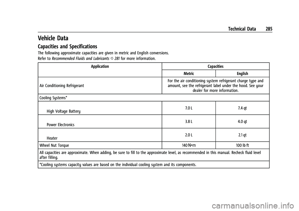 CHEVROLET BOLT EV 2022  Owners Manual Chevrolet BOLT EV Owner Manual (GMNA-Localizing-U.S./Canada-
15082216) - 2022 - CRC - 6/25/21
Technical Data 285
Vehicle Data
Capacities and Specifications
The following approximate capacities are giv