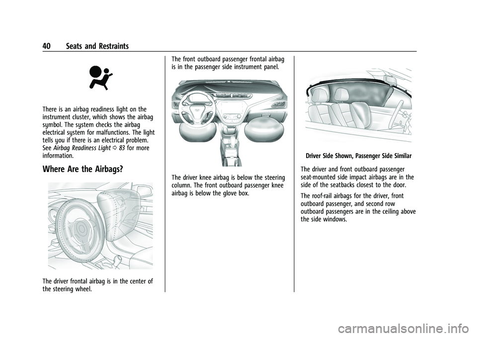 CHEVROLET BOLT EV 2022 Service Manual Chevrolet BOLT EV Owner Manual (GMNA-Localizing-U.S./Canada-
15082216) - 2022 - CRC - 6/25/21
40 Seats and Restraints
There is an airbag readiness light on the
instrument cluster, which shows the airb