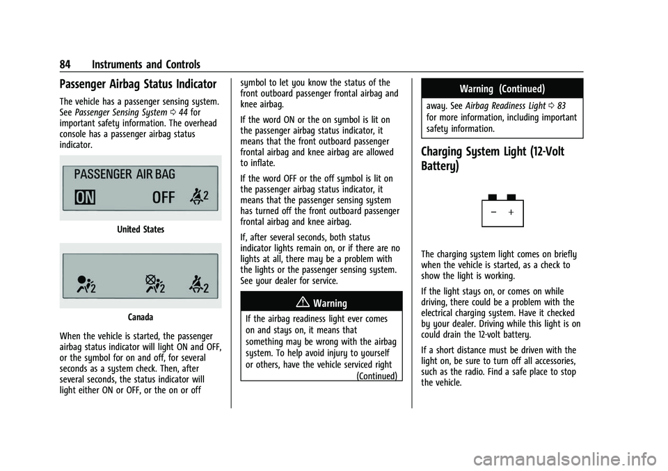 CHEVROLET BOLT EV 2022 Manual Online Chevrolet BOLT EV Owner Manual (GMNA-Localizing-U.S./Canada-
15082216) - 2022 - CRC - 6/25/21
84 Instruments and Controls
Passenger Airbag Status Indicator
The vehicle has a passenger sensing system.
