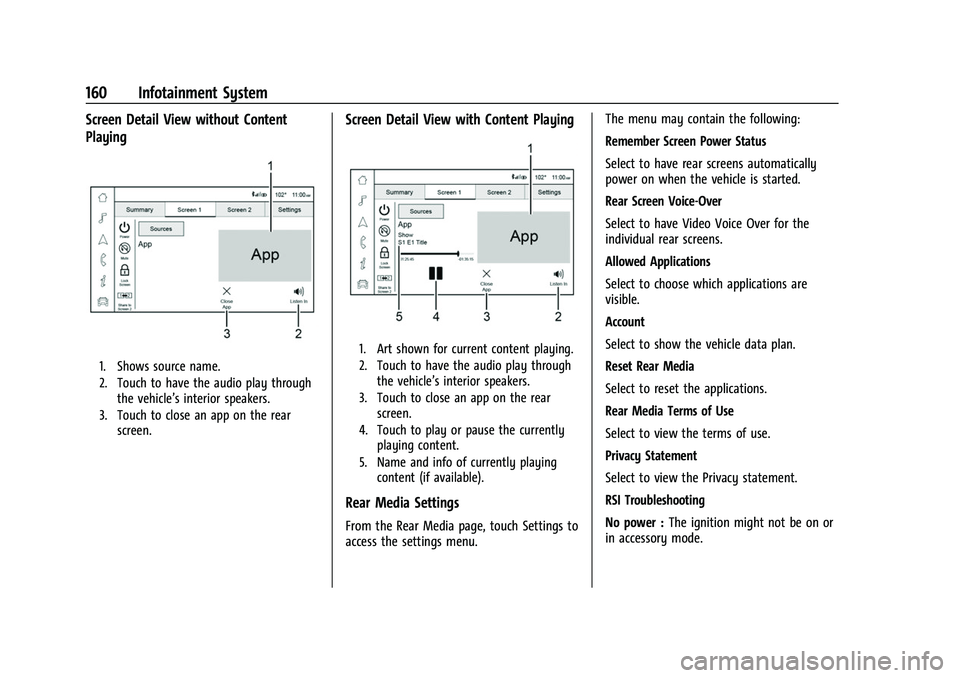 CHEVROLET TAHOE 2023  Owners Manual Chevrolet Tahoe/Suburban Owner Manual (GMNA-Localizing-U.S./Canada/
Mexico-16416971) - 2023 - CRC - 4/26/22
160 Infotainment System
Screen Detail View without Content
Playing
1. Shows source name.
2. 