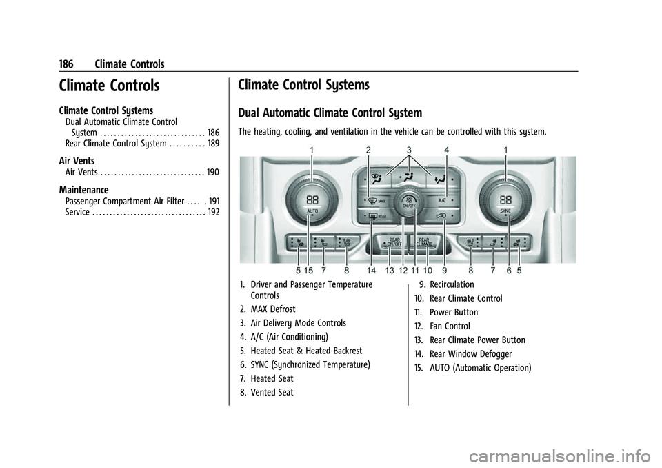 CHEVROLET TAHOE 2023 Service Manual Chevrolet Tahoe/Suburban Owner Manual (GMNA-Localizing-U.S./Canada/
Mexico-16416971) - 2023 - CRC - 4/25/22
186 Climate Controls
Climate Controls
Climate Control Systems
Dual Automatic Climate Control