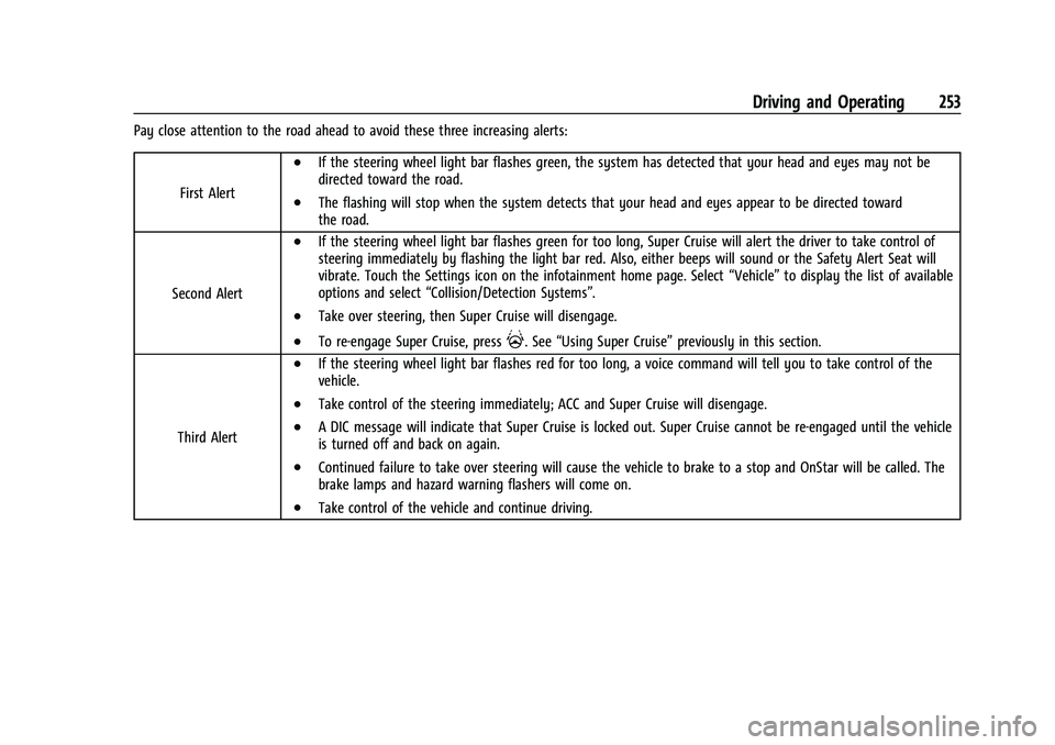 CHEVROLET TAHOE 2023  Owners Manual Chevrolet Tahoe/Suburban Owner Manual (GMNA-Localizing-U.S./Canada/
Mexico-16416971) - 2023 - CRC - 5/16/22
Driving and Operating 253
Pay close attention to the road ahead to avoid these three increas