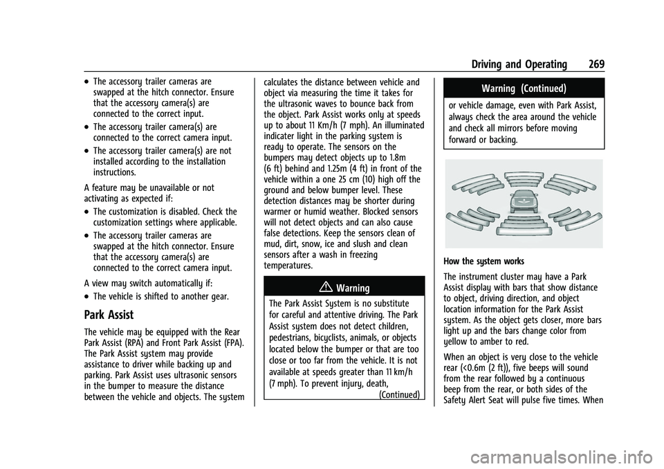 CHEVROLET TAHOE 2023 Owners Manual Chevrolet Tahoe/Suburban Owner Manual (GMNA-Localizing-U.S./Canada/
Mexico-16416971) - 2023 - CRC - 5/16/22
Driving and Operating 269
.The accessory trailer cameras are
swapped at the hitch connector. CHEVROLET TAHOE 2023 Owners Manual Chevrolet Tahoe/Suburban Owner Manual (GMNA-Localizing-U.S./Canada/
Mexico-16416971) - 2023 - CRC - 5/16/22
Driving and Operating 269
.The accessory trailer cameras are
swapped at the hitch connector.