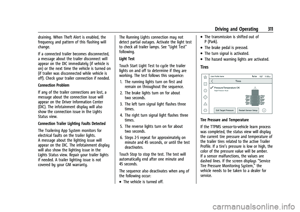CHEVROLET TAHOE 2023 Service Manual Chevrolet Tahoe/Suburban Owner Manual (GMNA-Localizing-U.S./Canada/
Mexico-16416971) - 2023 - CRC - 5/16/22
Driving and Operating 311
draining. When Theft Alert is enabled, the
frequency and pattern o CHEVROLET TAHOE 2023 Service Manual Chevrolet Tahoe/Suburban Owner Manual (GMNA-Localizing-U.S./Canada/
Mexico-16416971) - 2023 - CRC - 5/16/22
Driving and Operating 311
draining. When Theft Alert is enabled, the
frequency and pattern o