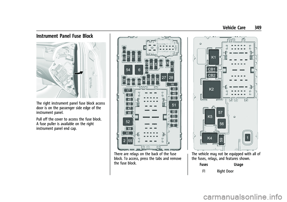 CHEVROLET TAHOE 2023 Owners Manual Chevrolet Tahoe/Suburban Owner Manual (GMNA-Localizing-U.S./Canada/
Mexico-16416971) - 2023 - CRC - 4/26/22
Vehicle Care 349
Instrument Panel Fuse Block
The right instrument panel fuse block access
do CHEVROLET TAHOE 2023 Owners Manual Chevrolet Tahoe/Suburban Owner Manual (GMNA-Localizing-U.S./Canada/
Mexico-16416971) - 2023 - CRC - 4/26/22
Vehicle Care 349
Instrument Panel Fuse Block
The right instrument panel fuse block access
do