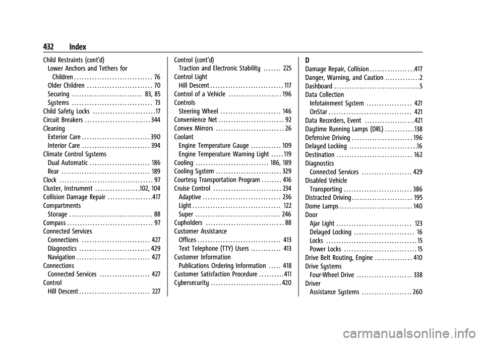 CHEVROLET TAHOE 2023 User Guide Chevrolet Tahoe/Suburban Owner Manual (GMNA-Localizing-U.S./Canada/-
Mexico-16416971) - 2023 - CRC - 4/25/22
432 Index
Child Restraints (cont'd)Lower Anchors and Tethers for
Children . . . . . . . CHEVROLET TAHOE 2023 User Guide Chevrolet Tahoe/Suburban Owner Manual (GMNA-Localizing-U.S./Canada/-
Mexico-16416971) - 2023 - CRC - 4/25/22
432 Index
Child Restraints (cont'd)Lower Anchors and Tethers for
Children . . . . . . .