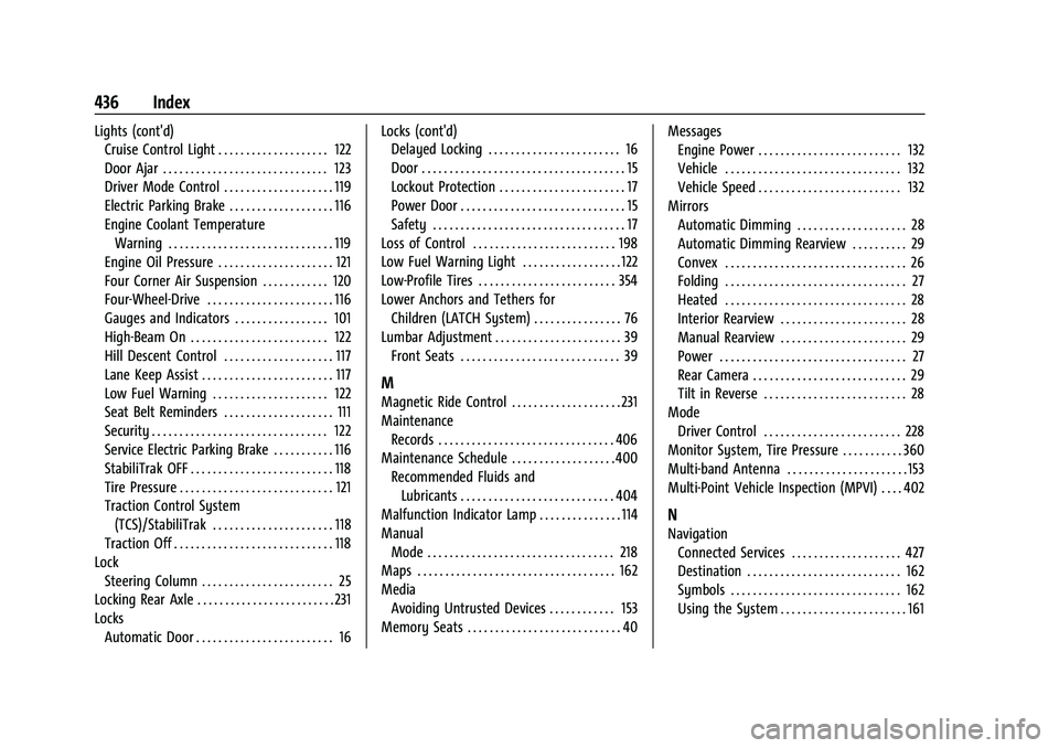 CHEVROLET TAHOE 2023 Owners Manual Chevrolet Tahoe/Suburban Owner Manual (GMNA-Localizing-U.S./Canada/-
Mexico-16416971) - 2023 - CRC - 4/25/22
436 Index
Lights (cont'd)Cruise Control Light . . . . . . . . . . . . . . . . . . . . 1 CHEVROLET TAHOE 2023 Owners Manual Chevrolet Tahoe/Suburban Owner Manual (GMNA-Localizing-U.S./Canada/-
Mexico-16416971) - 2023 - CRC - 4/25/22
436 Index
Lights (cont'd)Cruise Control Light . . . . . . . . . . . . . . . . . . . . 1