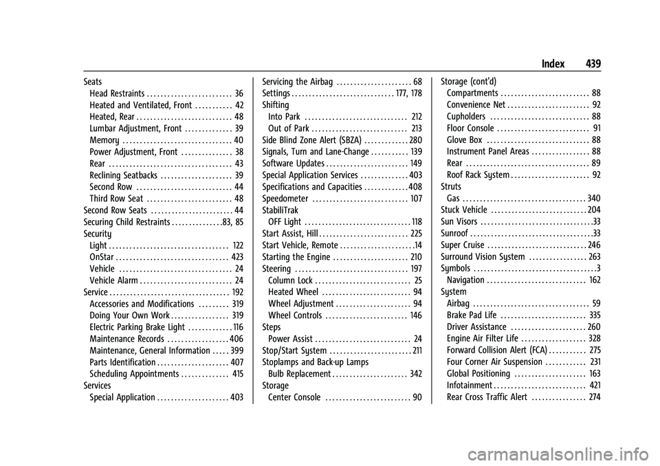 CHEVROLET TAHOE 2023 Owners Manual Chevrolet Tahoe/Suburban Owner Manual (GMNA-Localizing-U.S./Canada/-
Mexico-16416971) - 2023 - CRC - 4/25/22
Index 439
SeatsHead Restraints . . . . . . . . . . . . . . . . . . . . . . . . . 36
Heated CHEVROLET TAHOE 2023 Owners Manual Chevrolet Tahoe/Suburban Owner Manual (GMNA-Localizing-U.S./Canada/-
Mexico-16416971) - 2023 - CRC - 4/25/22
Index 439
SeatsHead Restraints . . . . . . . . . . . . . . . . . . . . . . . . . 36
Heated
