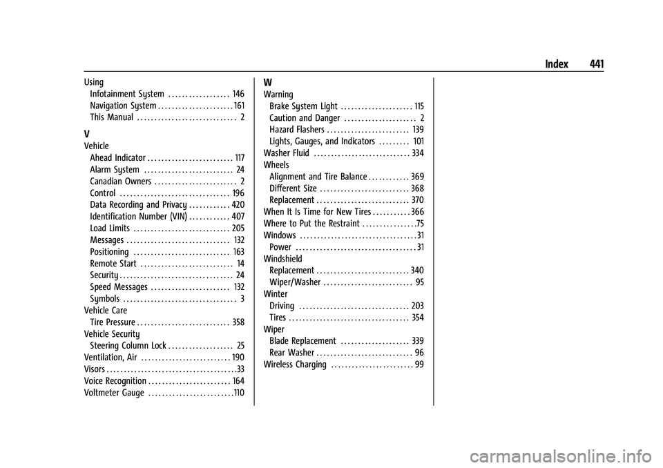 CHEVROLET TAHOE 2023 Owners Guide Chevrolet Tahoe/Suburban Owner Manual (GMNA-Localizing-U.S./Canada/-
Mexico-16416971) - 2023 - CRC - 4/25/22
Index 441
UsingInfotainment System . . . . . . . . . . . . . . . . . . 146
Navigation Syste CHEVROLET TAHOE 2023 Owners Guide Chevrolet Tahoe/Suburban Owner Manual (GMNA-Localizing-U.S./Canada/-
Mexico-16416971) - 2023 - CRC - 4/25/22
Index 441
UsingInfotainment System . . . . . . . . . . . . . . . . . . 146
Navigation Syste