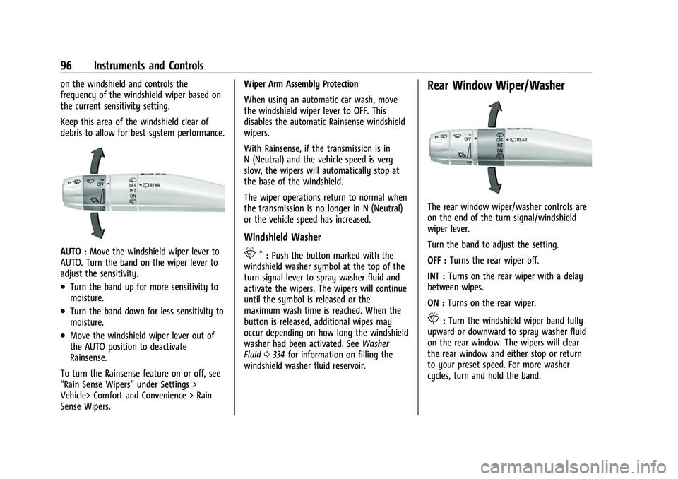 CHEVROLET TAHOE 2023 Owners Manual Chevrolet Tahoe/Suburban Owner Manual (GMNA-Localizing-U.S./Canada/
Mexico-16416971) - 2023 - CRC - 4/25/22
96 Instruments and Controls
on the windshield and controls the
frequency of the windshield w CHEVROLET TAHOE 2023 Owners Manual Chevrolet Tahoe/Suburban Owner Manual (GMNA-Localizing-U.S./Canada/
Mexico-16416971) - 2023 - CRC - 4/25/22
96 Instruments and Controls
on the windshield and controls the
frequency of the windshield w