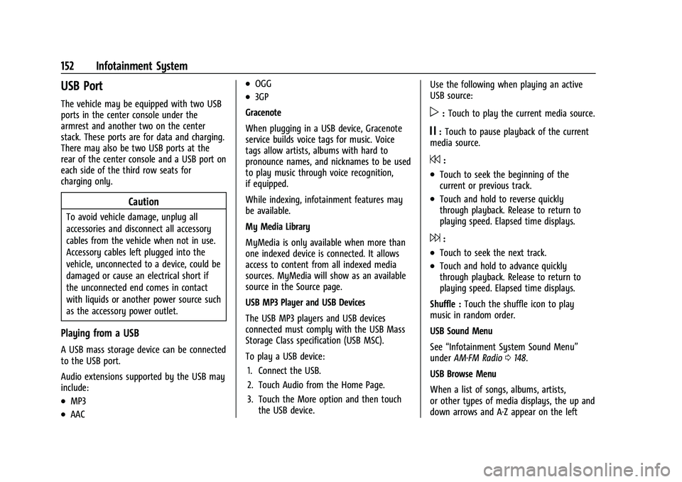 CHEVROLET TAHOE 2022 Owners Manual Chevrolet Tahoe/Suburban Owner Manual (GMNA-Localizing-U.S./Canada/
Mexico-13690484) - 2021 - crc - 8/17/20
152 Infotainment System
USB Port
The vehicle may be equipped with two USB
ports in the cente CHEVROLET TAHOE 2022 Owners Manual Chevrolet Tahoe/Suburban Owner Manual (GMNA-Localizing-U.S./Canada/
Mexico-13690484) - 2021 - crc - 8/17/20
152 Infotainment System
USB Port
The vehicle may be equipped with two USB
ports in the cente