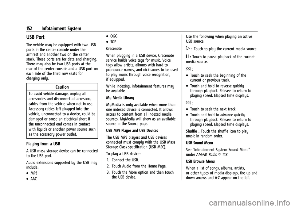 CHEVROLET TAHOE 2022  Owners Manual Chevrolet Tahoe/Suburban Owner Manual (GMNA-Localizing-U.S./Canada/
Mexico-13690484) - 2021 - crc - 8/17/20
152 Infotainment System
USB Port
The vehicle may be equipped with two USB
ports in the cente