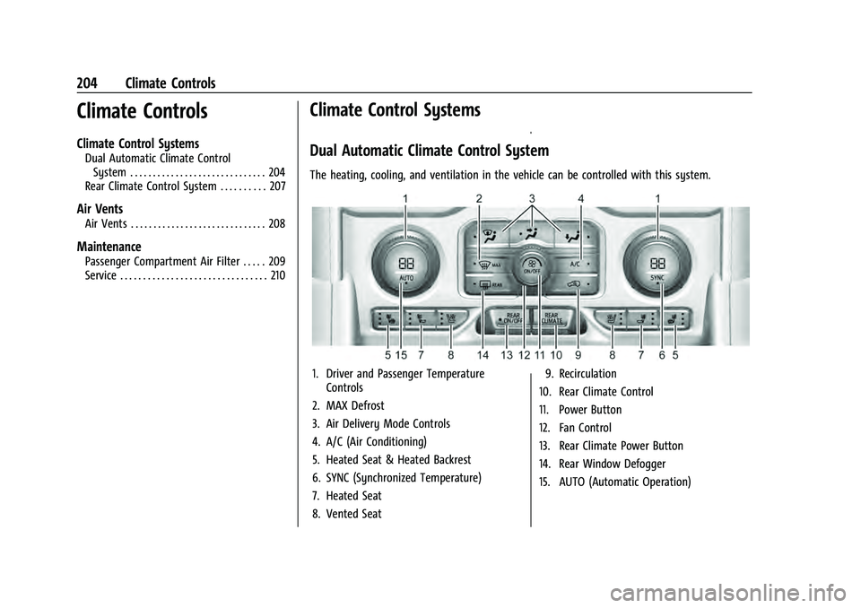 CHEVROLET TAHOE 2022  Owners Manual Chevrolet Tahoe/Suburban Owner Manual (GMNA-Localizing-U.S./Canada/
Mexico-13690484) - 2021 - crc - 8/17/20
204 Climate Controls
Climate Controls
Climate Control Systems
Dual Automatic Climate Control