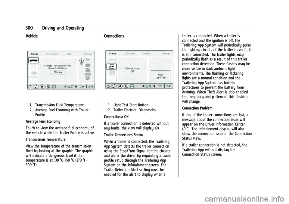 CHEVROLET TAHOE 2022 User Guide Chevrolet Tahoe/Suburban Owner Manual (GMNA-Localizing-U.S./Canada/
Mexico-13690484) - 2021 - crc - 8/17/20
300 Driving and Operating
Vehicle
1. Transmission Fluid Temperature
2. Average Fuel Economy CHEVROLET TAHOE 2022 User Guide Chevrolet Tahoe/Suburban Owner Manual (GMNA-Localizing-U.S./Canada/
Mexico-13690484) - 2021 - crc - 8/17/20
300 Driving and Operating
Vehicle
1. Transmission Fluid Temperature
2. Average Fuel Economy