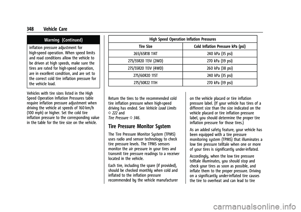 CHEVROLET TAHOE 2022 Owners Manual Chevrolet Tahoe/Suburban Owner Manual (GMNA-Localizing-U.S./Canada/
Mexico-13690484) - 2021 - crc - 8/17/20
348 Vehicle Care
Warning (Continued)
inflation pressure adjustment for
high-speed operation. CHEVROLET TAHOE 2022 Owners Manual Chevrolet Tahoe/Suburban Owner Manual (GMNA-Localizing-U.S./Canada/
Mexico-13690484) - 2021 - crc - 8/17/20
348 Vehicle Care
Warning (Continued)
inflation pressure adjustment for
high-speed operation.