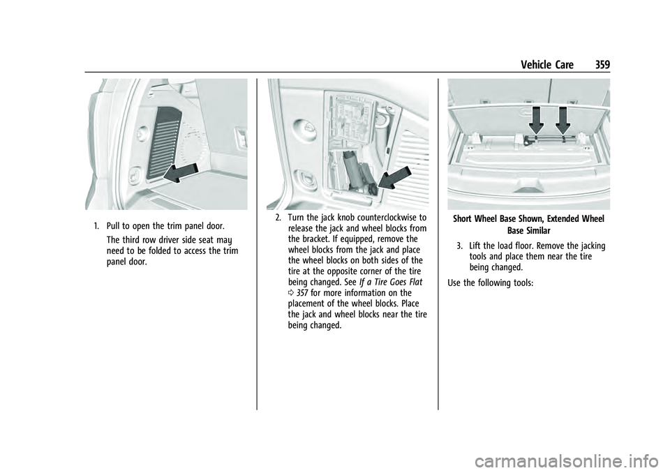 CHEVROLET TAHOE 2022  Owners Manual Chevrolet Tahoe/Suburban Owner Manual (GMNA-Localizing-U.S./Canada/
Mexico-13690484) - 2021 - crc - 8/17/20
Vehicle Care 359
1. Pull to open the trim panel door.
The third row driver side seat may
nee