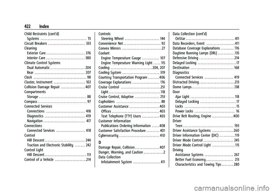 CHEVROLET TAHOE 2022 Owners Manual Chevrolet Tahoe/Suburban Owner Manual (GMNA-Localizing-U.S./Canada/-
Mexico-13690484) - 2021 - crc - 8/17/20
422 Index
Child Restraints (cont'd)Systems . . . . . . . . . . . . . . . . . . . . . . 