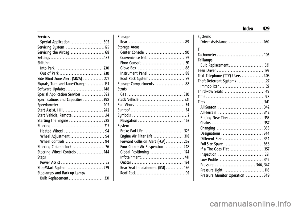 CHEVROLET TAHOE 2022 Owners Guide Chevrolet Tahoe/Suburban Owner Manual (GMNA-Localizing-U.S./Canada/-
Mexico-13690484) - 2021 - crc - 8/17/20
Index 429
ServicesSpecial Application . . . . . . . . . . . . . . . . . . . . . 392
Servici CHEVROLET TAHOE 2022 Owners Guide Chevrolet Tahoe/Suburban Owner Manual (GMNA-Localizing-U.S./Canada/-
Mexico-13690484) - 2021 - crc - 8/17/20
Index 429
ServicesSpecial Application . . . . . . . . . . . . . . . . . . . . . 392
Servici