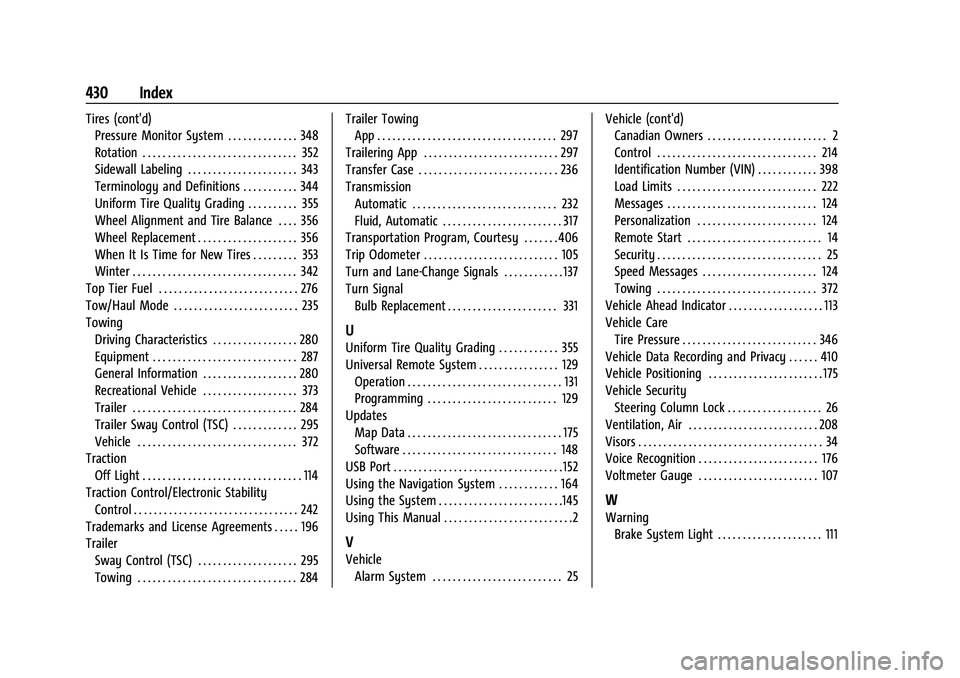 CHEVROLET TAHOE 2022 Owners Guide Chevrolet Tahoe/Suburban Owner Manual (GMNA-Localizing-U.S./Canada/-
Mexico-13690484) - 2021 - crc - 8/17/20
430 Index
Tires (cont'd)Pressure Monitor System . . . . . . . . . . . . . . 348
Rotatio CHEVROLET TAHOE 2022 Owners Guide Chevrolet Tahoe/Suburban Owner Manual (GMNA-Localizing-U.S./Canada/-
Mexico-13690484) - 2021 - crc - 8/17/20
430 Index
Tires (cont'd)Pressure Monitor System . . . . . . . . . . . . . . 348
Rotatio