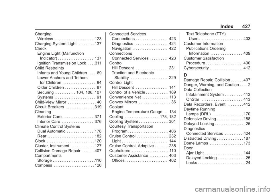 CHEVROLET TAHOE 2020  Owners Manual Chevrolet Tahoe/Suburban Owner Manual (GMNA-Localizing-U.S./Canada/-
Mexico-13566622) - 2020 - CRC - 4/24/19
Index 427
ChargingWireless . . . . . . . . . . . . . . . . . . . . . . 123
Charging System 