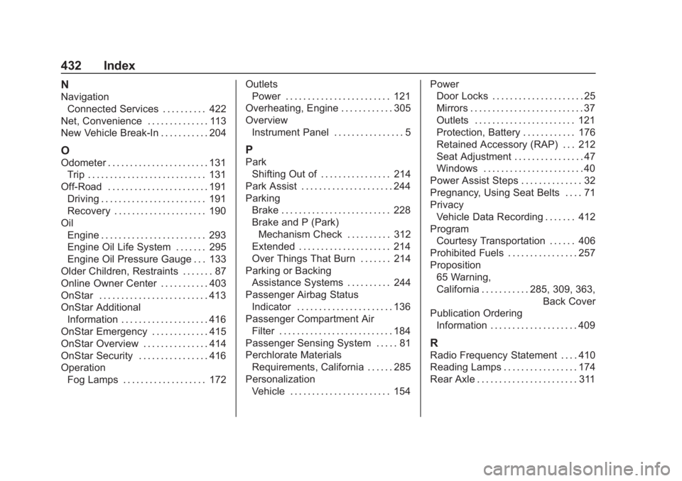 CHEVROLET TAHOE 2020 Owners Manual Chevrolet Tahoe/Suburban Owner Manual (GMNA-Localizing-U.S./Canada/-
Mexico-13566622) - 2020 - CRC - 4/24/19
432 Index
N
NavigationConnected Services . . . . . . . . . . 422
Net, Convenience . . . . . CHEVROLET TAHOE 2020 Owners Manual Chevrolet Tahoe/Suburban Owner Manual (GMNA-Localizing-U.S./Canada/-
Mexico-13566622) - 2020 - CRC - 4/24/19
432 Index
N
NavigationConnected Services . . . . . . . . . . 422
Net, Convenience . . . . .