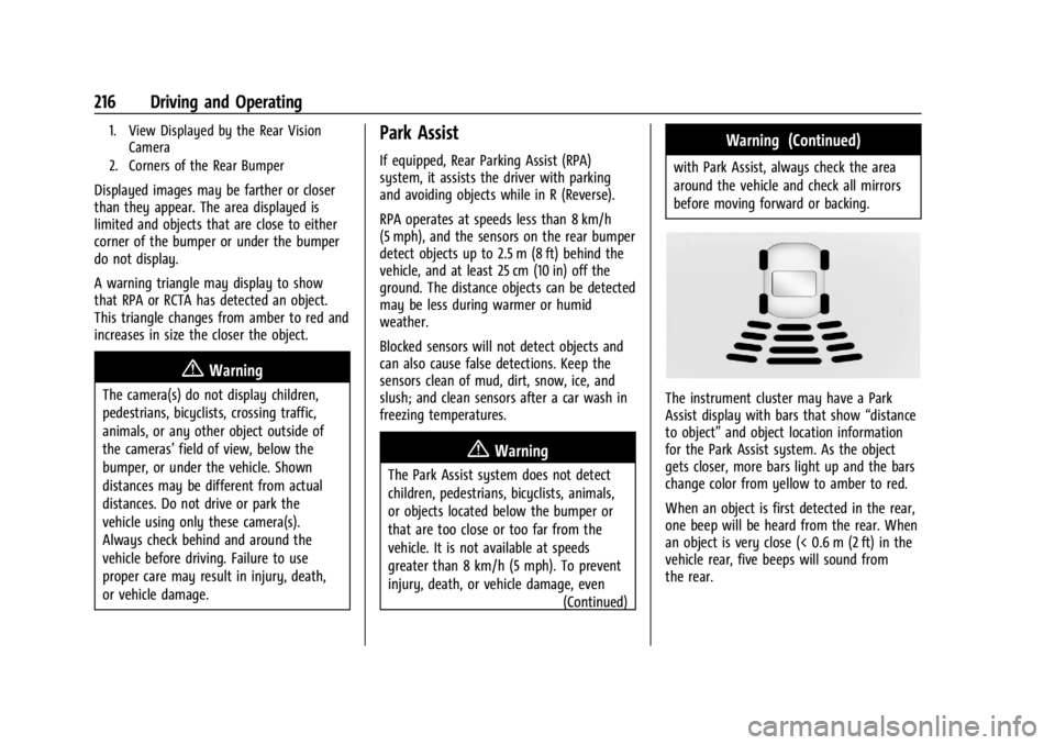 CHEVROLET TRAILBLAZER 2023  Owners Manual Chevrolet Trailblazer Owner Manual (GMNA-Localizing-U.S./Canada-
16263960) - 2023 - CRC - 2/23/22
216 Driving and Operating
1. View Displayed by the Rear VisionCamera
2. Corners of the Rear Bumper
Dis