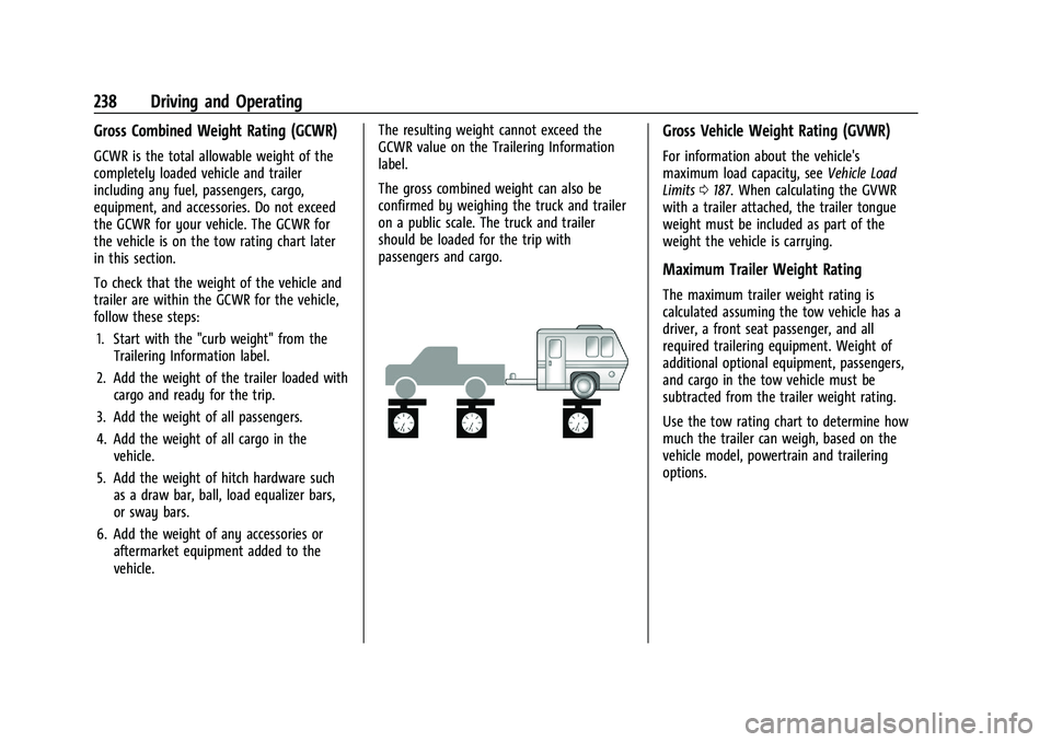 CHEVROLET TRAILBLAZER 2022 Owners Manual Chevrolet Trailblazer Owner Manual (GMNA-Localizing-U.S./Canada-
14400528) - 2021 - CRC - 11/7/19
238 Driving and Operating
Gross Combined Weight Rating (GCWR)
GCWR is the total allowable weight of th CHEVROLET TRAILBLAZER 2022 Owners Manual Chevrolet Trailblazer Owner Manual (GMNA-Localizing-U.S./Canada-
14400528) - 2021 - CRC - 11/7/19
238 Driving and Operating
Gross Combined Weight Rating (GCWR)
GCWR is the total allowable weight of th