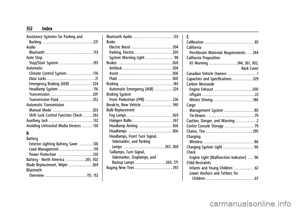 CHEVROLET TRAILBLAZER 2022 Owners Manual Chevrolet Trailblazer Owner Manual (GMNA-Localizing-U.S./Canada-
14400528) - 2021 - CRC - 11/7/19
352 Index
Assistance Systems for Parking andBacking . . . . . . . . . . . . . . . . . . . . . . . . . CHEVROLET TRAILBLAZER 2022 Owners Manual Chevrolet Trailblazer Owner Manual (GMNA-Localizing-U.S./Canada-
14400528) - 2021 - CRC - 11/7/19
352 Index
Assistance Systems for Parking andBacking . . . . . . . . . . . . . . . . . . . . . . . . .