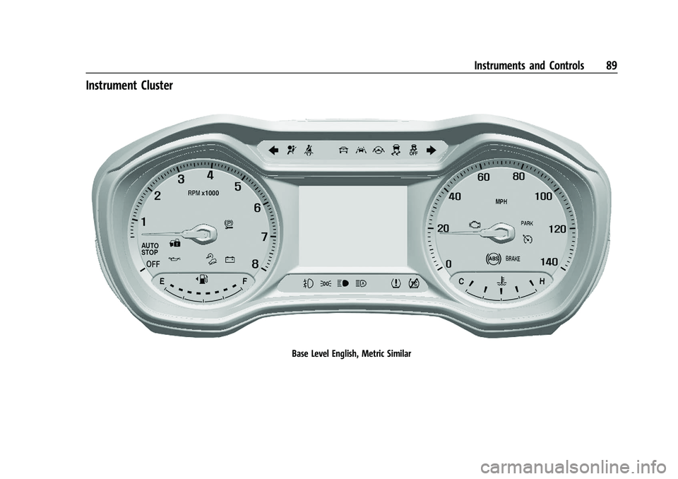CHEVROLET TRAILBLAZER 2022 Manual Online Chevrolet Trailblazer Owner Manual (GMNA-Localizing-U.S./Canada-
14400528) - 2021 - CRC - 11/7/19
Instruments and Controls 89
Instrument Cluster
Base Level English, Metric Similar CHEVROLET TRAILBLAZER 2022 Manual Online Chevrolet Trailblazer Owner Manual (GMNA-Localizing-U.S./Canada-
14400528) - 2021 - CRC - 11/7/19
Instruments and Controls 89
Instrument Cluster
Base Level English, Metric Similar