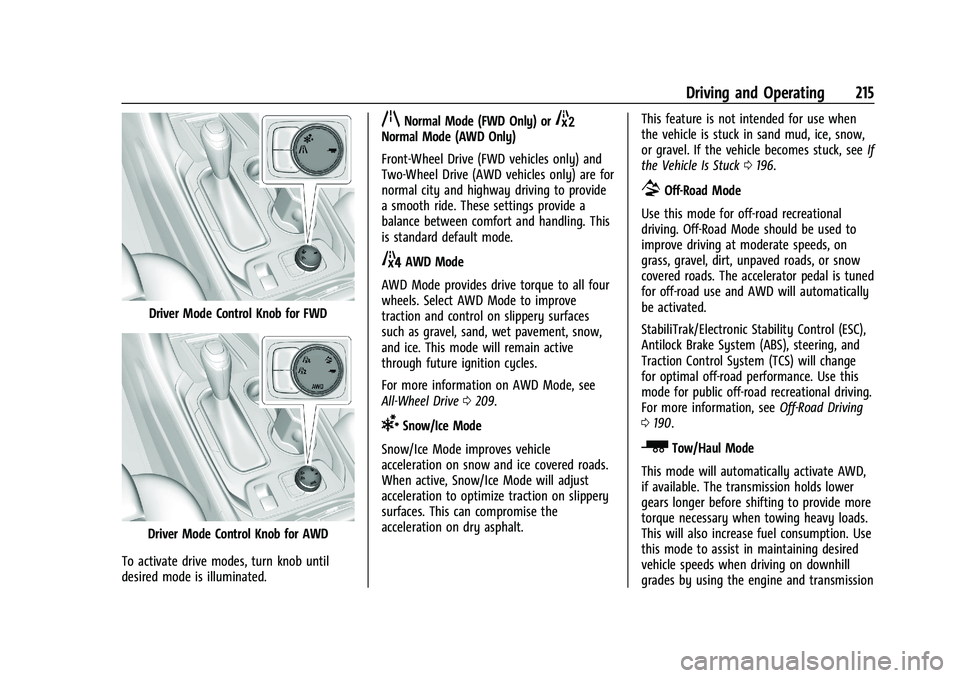CHEVROLET TRAVERSE 2023  Owners Manual Chevrolet Traverse Owner Manual (GMNA-Localizing-U.S./Canada/Mexico-
16411537) - 2023 - CRC - 3/28/22
Driving and Operating 215
Driver Mode Control Knob for FWD
Driver Mode Control Knob for AWD
To act