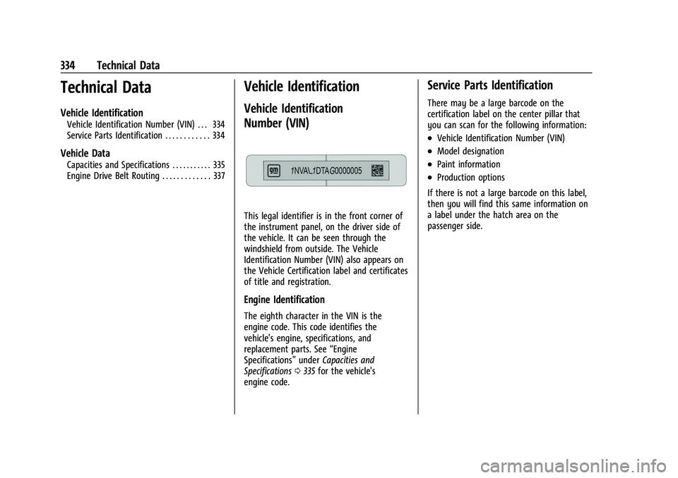 CHEVROLET TRAVERSE 2023 Owners Manual Chevrolet Traverse Owner Manual (GMNA-Localizing-U.S./Canada/Mexico-
16411537) - 2023 - CRC - 3/28/22
334 Technical Data
Technical Data
Vehicle Identification
Vehicle Identification Number (VIN) . . . CHEVROLET TRAVERSE 2023 Owners Manual Chevrolet Traverse Owner Manual (GMNA-Localizing-U.S./Canada/Mexico-
16411537) - 2023 - CRC - 3/28/22
334 Technical Data
Technical Data
Vehicle Identification
Vehicle Identification Number (VIN) . . .