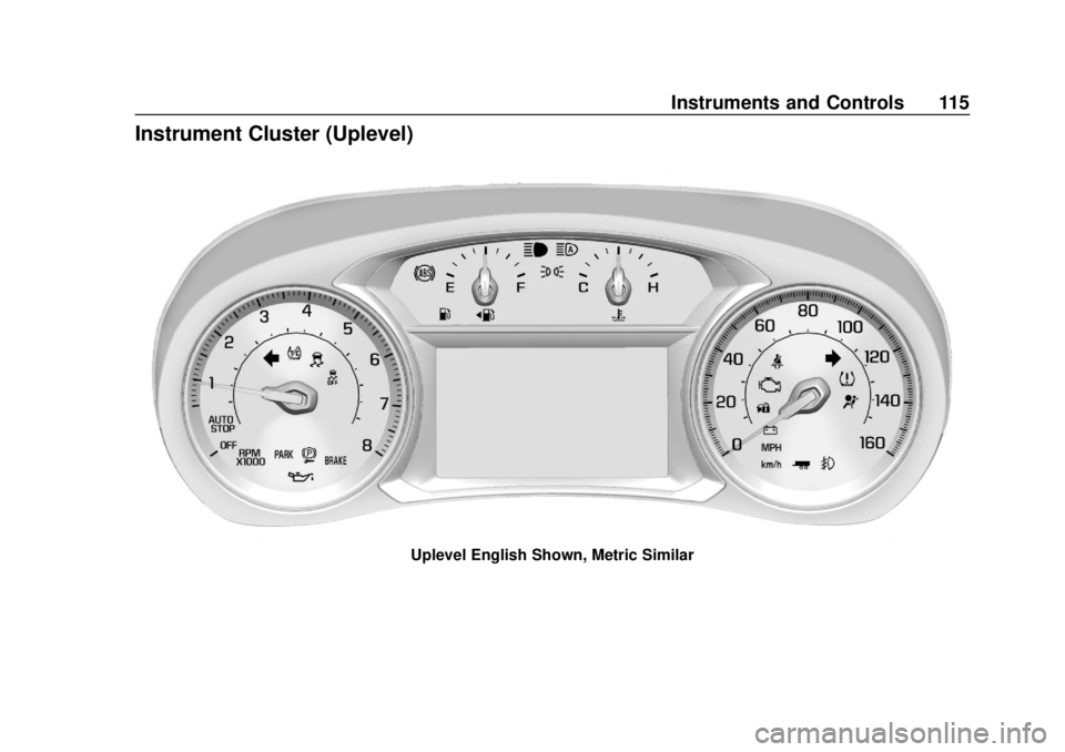 CHEVROLET TRAVERSE 2022 Owners Manual Chevrolet Traverse Owner Manual (GMNA-Localizing-U.S./Canada/Mexico-
13527526) - 2020 - CRC - 9/5/19
Instruments and Controls 115
Instrument Cluster (Uplevel)
Uplevel English Shown, Metric Similar CHEVROLET TRAVERSE 2022 Owners Manual Chevrolet Traverse Owner Manual (GMNA-Localizing-U.S./Canada/Mexico-
13527526) - 2020 - CRC - 9/5/19
Instruments and Controls 115
Instrument Cluster (Uplevel)
Uplevel English Shown, Metric Similar