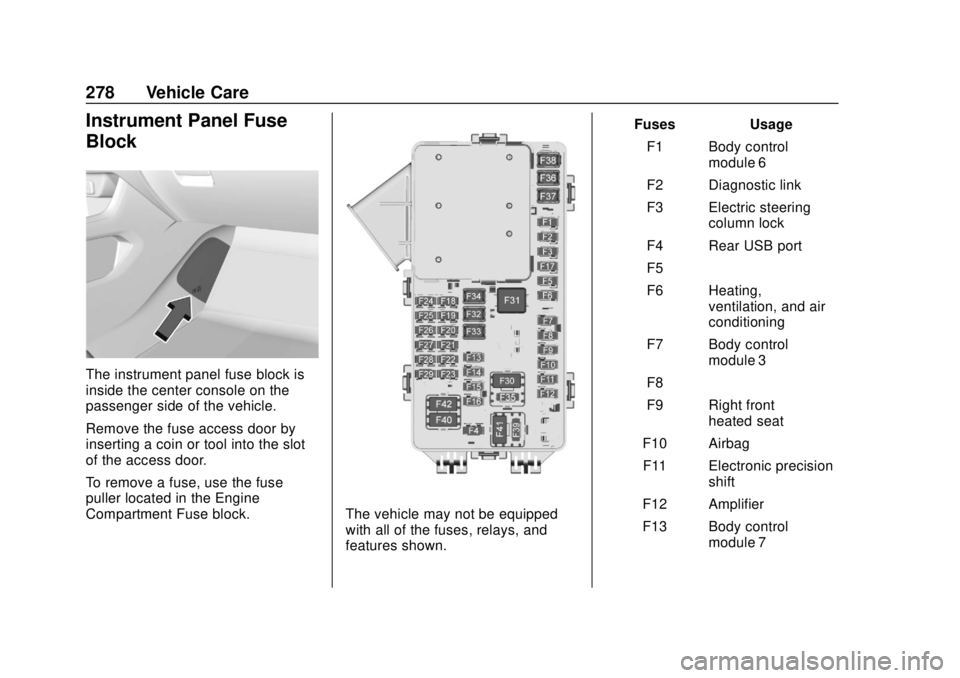CHEVROLET TRAVERSE 2022 Owners Manual Chevrolet Traverse Owner Manual (GMNA-Localizing-U.S./Canada/Mexico-
13527526) - 2020 - CRC - 9/5/19
278 Vehicle Care
Instrument Panel Fuse
Block
The instrument panel fuse block is
inside the center c CHEVROLET TRAVERSE 2022 Owners Manual Chevrolet Traverse Owner Manual (GMNA-Localizing-U.S./Canada/Mexico-
13527526) - 2020 - CRC - 9/5/19
278 Vehicle Care
Instrument Panel Fuse
Block
The instrument panel fuse block is
inside the center c